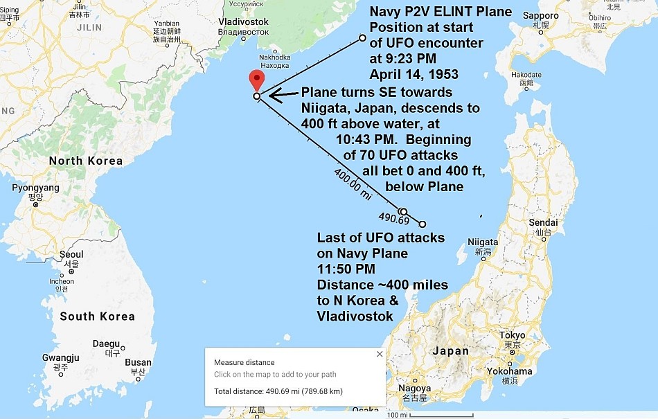 Map of US Navy )2V-3W UFO Encounter April 14, 1953